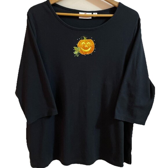 Quacker Factory Halloween Top Tee Women’s 1X Black Embroidered Sequin Pumpkin - Picture 1 of 9